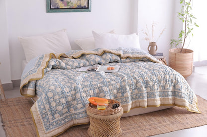 Hand Block Printed Dusty Blue Cotton Reversible Doonas