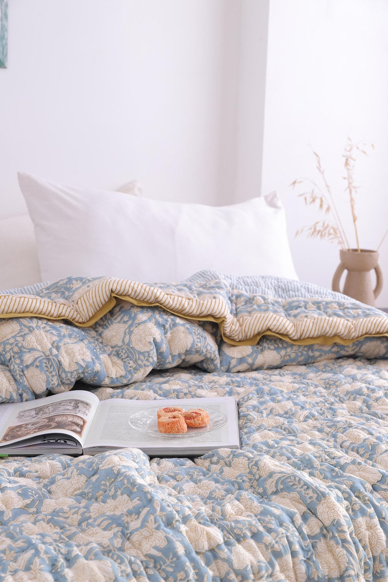 Hand Block Printed Dusty Blue Cotton Reversible Doonas