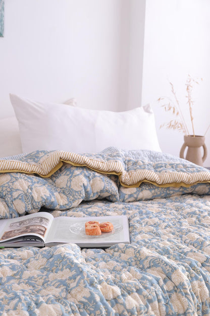Hand Block Printed Dusty Blue Cotton Reversible Doonas