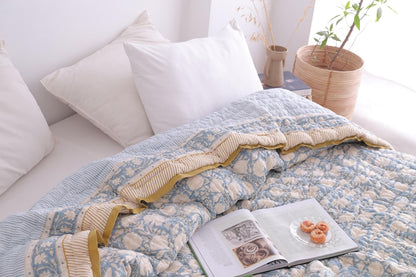 Hand Block Printed Dusty Blue Cotton Reversible Doonas