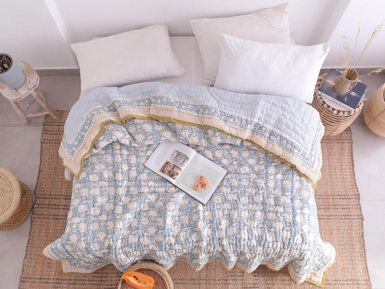 Hand Block Printed Dusty Blue Cotton Reversible Doonas