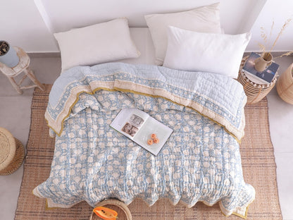 Hand Block Printed Dusty Blue Cotton Reversible Doonas