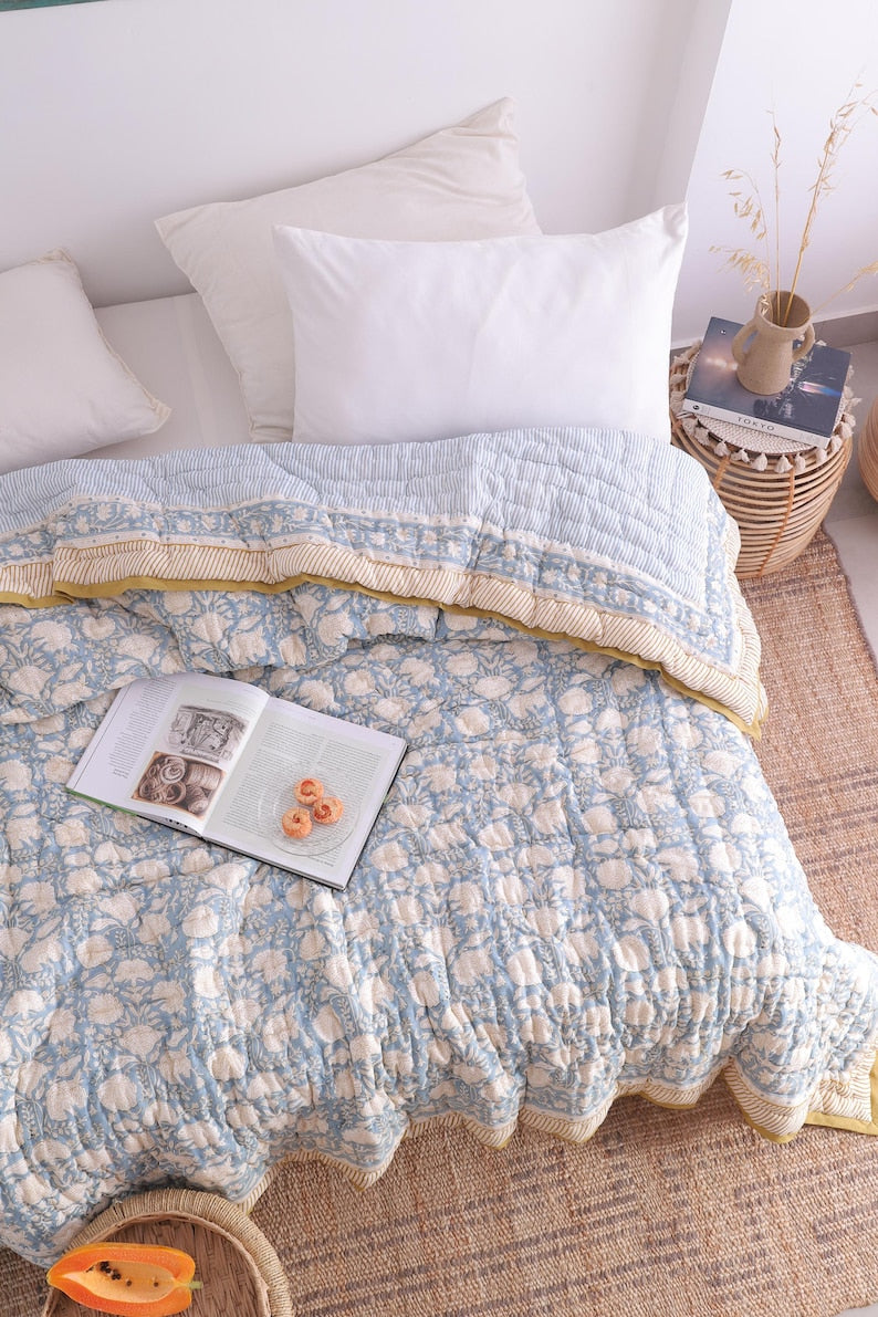 Hand Block Printed Dusty Blue Cotton Reversible Doonas
