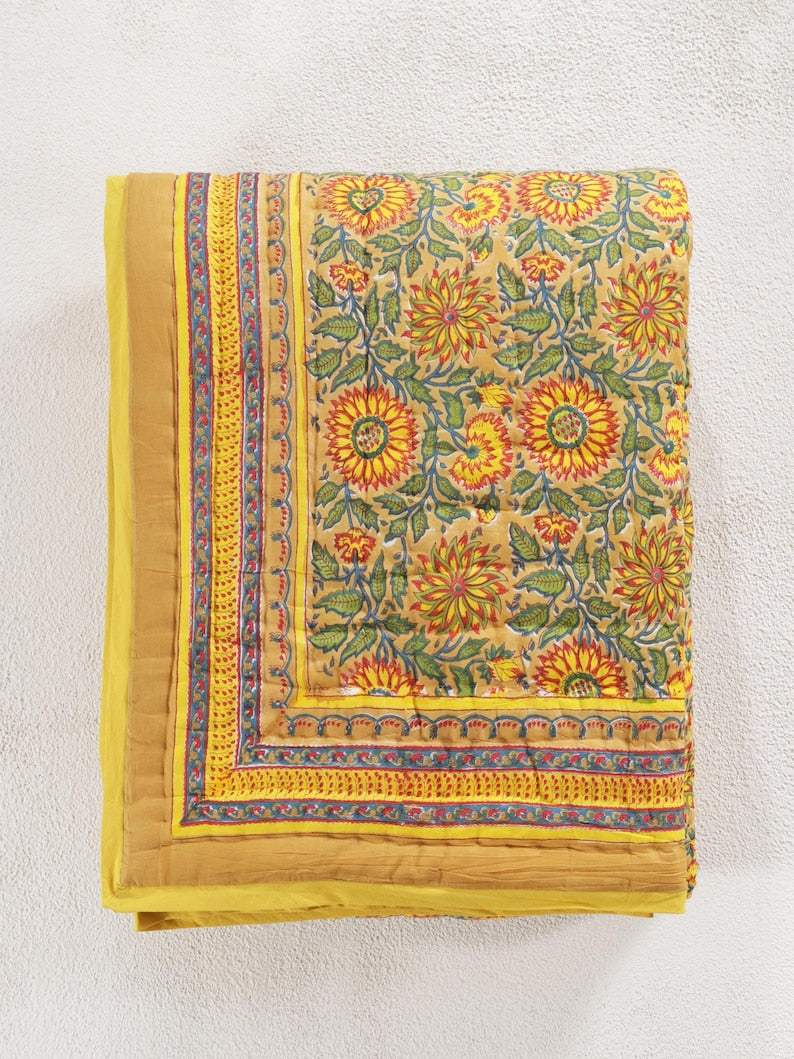 Yellow Sunflower All Season Cotton Hand Block Reversible Doona