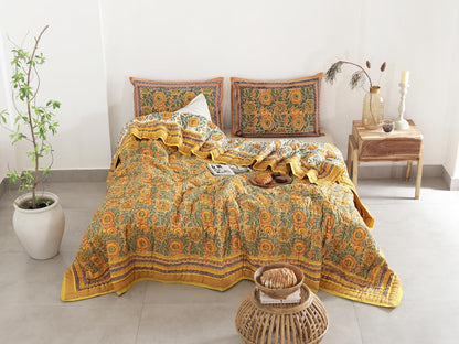 Yellow Sunflower All Season Cotton Hand Block Reversible Doona