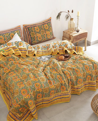 Yellow Sunflower All Season Cotton Hand Block Reversible Doona