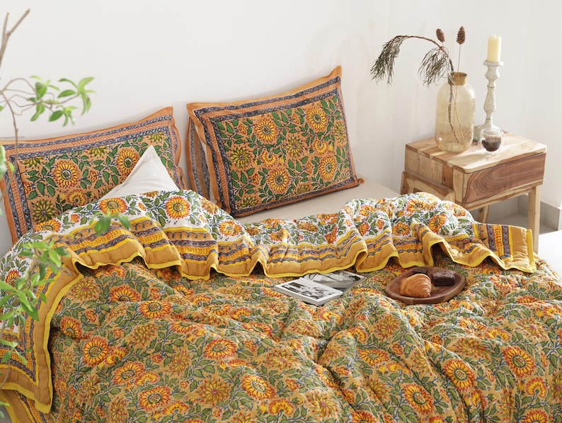 Yellow Sunflower All Season Cotton Hand Block Reversible Doona