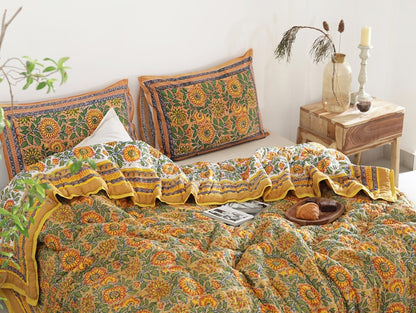 Yellow Sunflower All Season Cotton Hand Block Reversible Doona