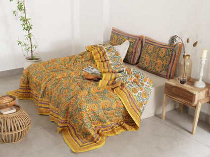 Yellow Sunflower All Season Cotton Hand Block Reversible Doona