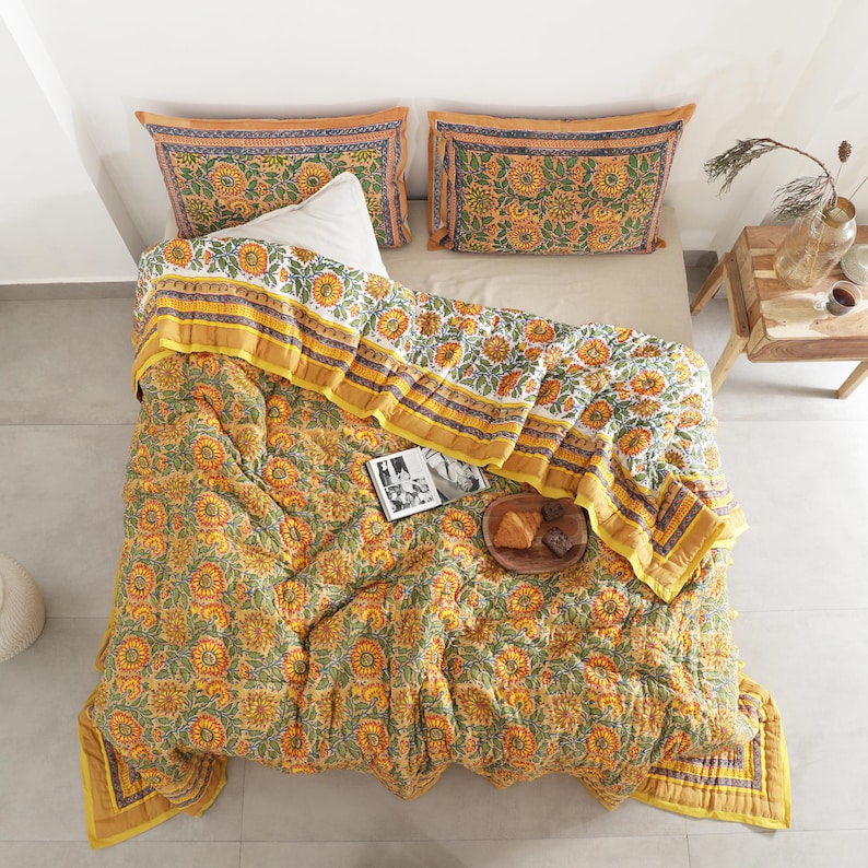 Yellow Sunflower All Season Cotton Hand Block Reversible Doona
