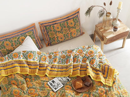 Yellow Sunflower All Season Cotton Hand Block Reversible Doona