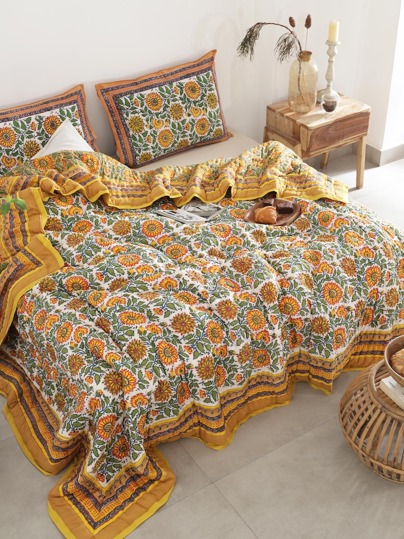 Yellow Sunflower All Season Cotton Hand Block Reversible Doona
