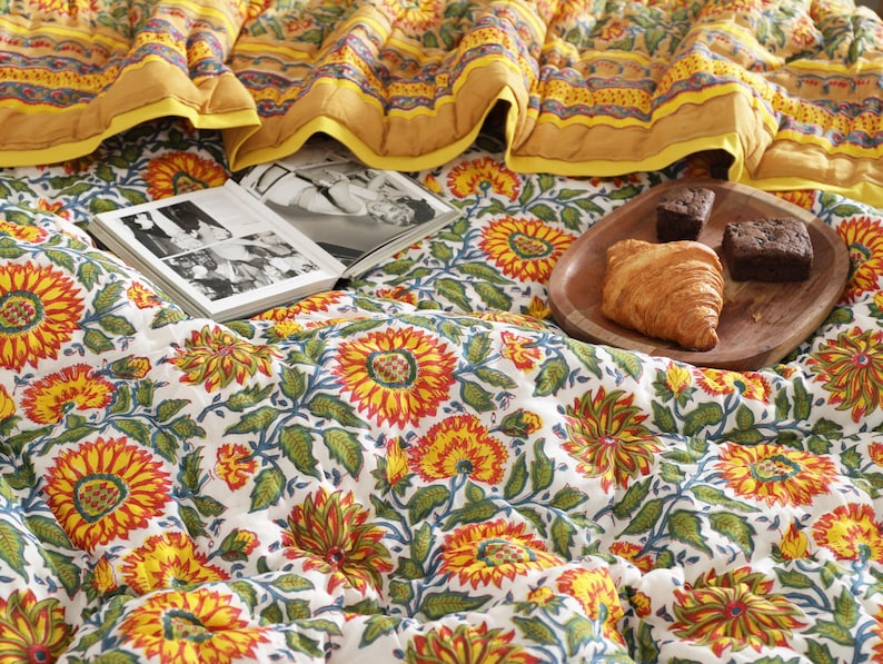 Yellow Sunflower All Season Cotton Hand Block Reversible Doona