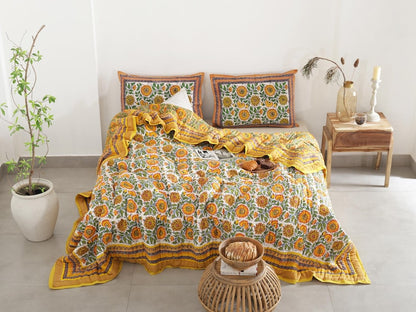 Yellow Sunflower All Season Cotton Hand Block Reversible Doona