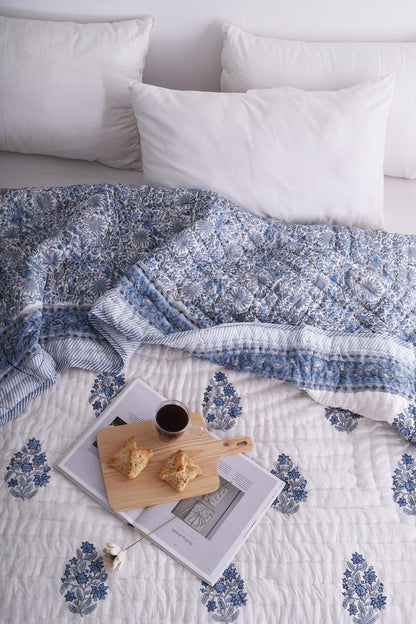 Blue White Indian Jaipuri Hand Block Print Reversible Cotton Quilts for Bed