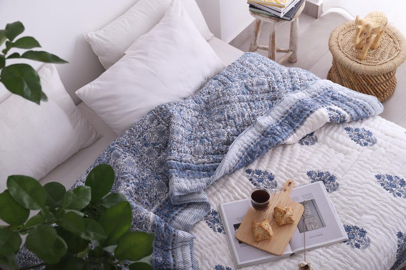 Blue White Indian Jaipuri Hand Block Print Reversible Cotton Quilts for Bed