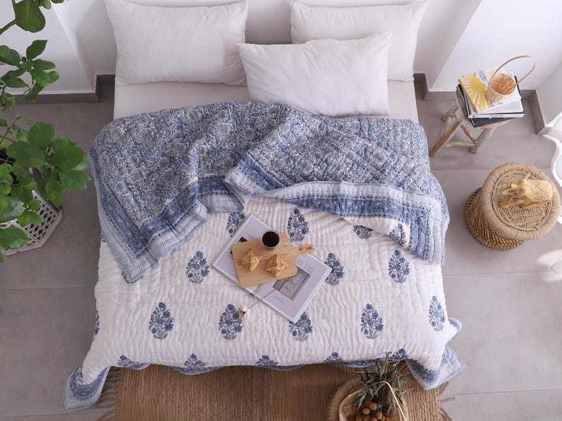 Blue White Indian Jaipuri Hand Block Print Reversible Cotton Quilts for Bed