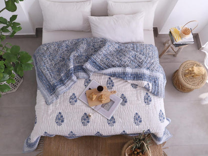 Blue White Indian Jaipuri Hand Block Print Reversible Cotton Quilts for Bed