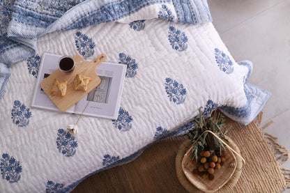 Blue White Indian Jaipuri Hand Block Print Reversible Cotton Quilts for Bed