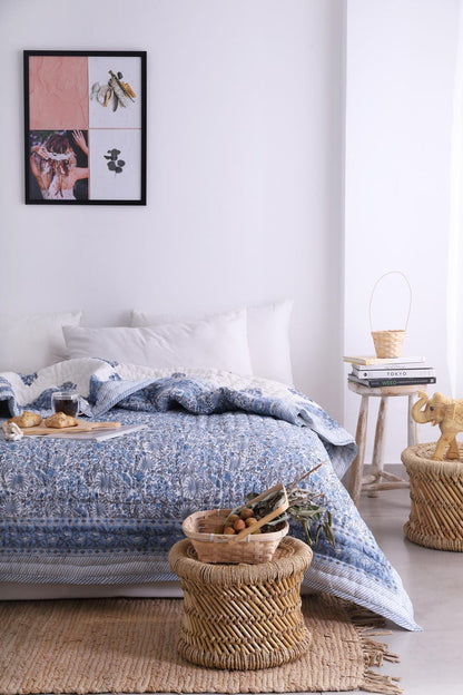 Blue White Indian Jaipuri Hand Block Print Reversible Cotton Quilts for Bed