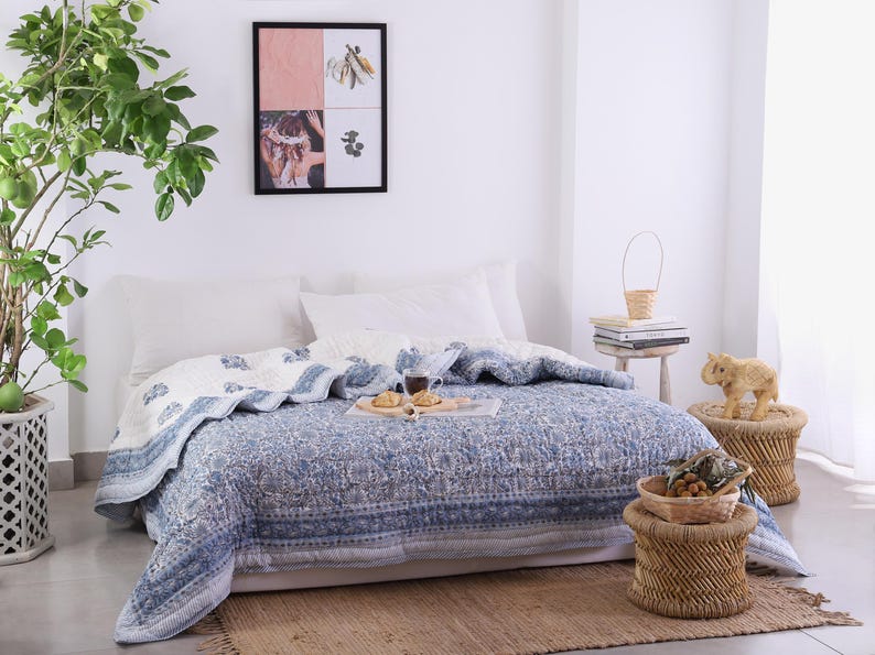 Blue White Indian Jaipuri Hand Block Print Reversible Cotton Quilts for Bed