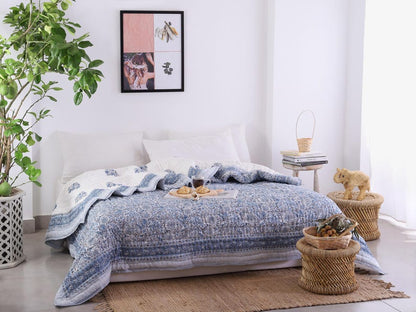 Blue White Indian Jaipuri Hand Block Print Reversible Cotton Quilts for Bed