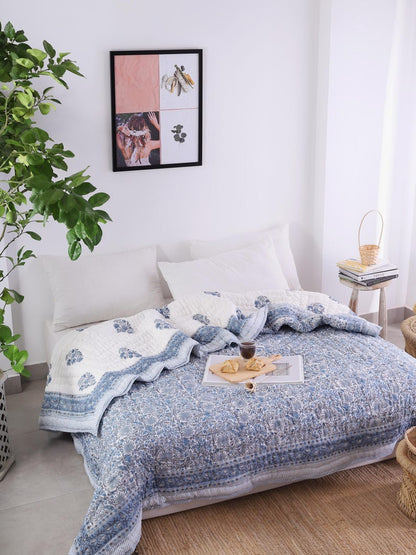 Blue White Indian Jaipuri Hand Block Print Reversible Cotton Quilts for Bed