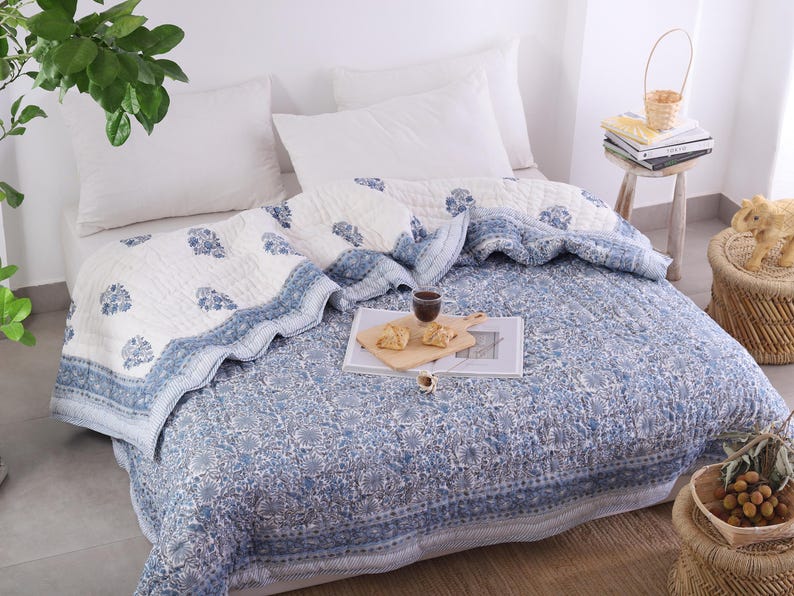 Blue White Indian Jaipuri Hand Block Print Reversible Cotton Quilts for Bed