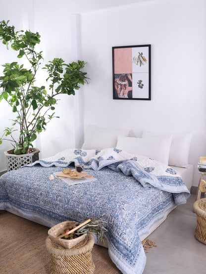Blue White Indian Jaipuri Hand Block Print Reversible Cotton Quilts for Bed