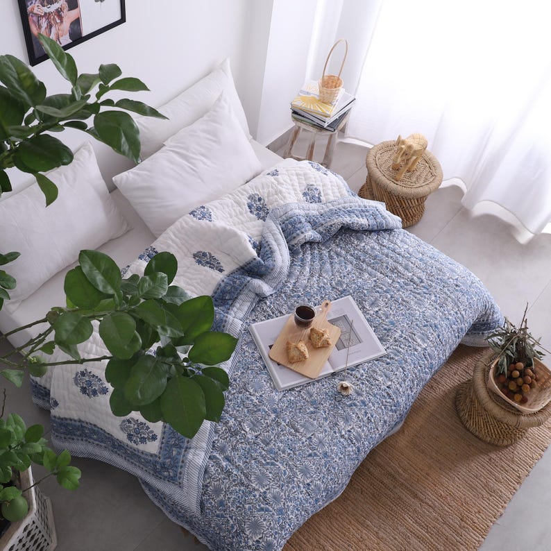 Blue White Indian Jaipuri Hand Block Print Reversible Cotton Quilts for Bed