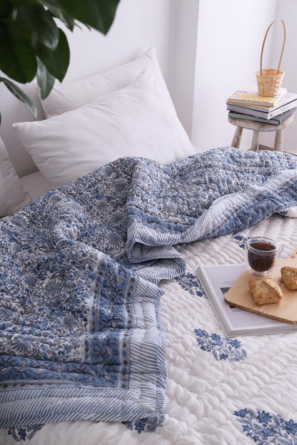 Blue White Indian Jaipuri Hand Block Print Reversible Cotton Quilts for Bed