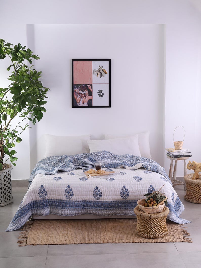 Blue White Indian Jaipuri Hand Block Print Reversible Cotton Quilts for Bed