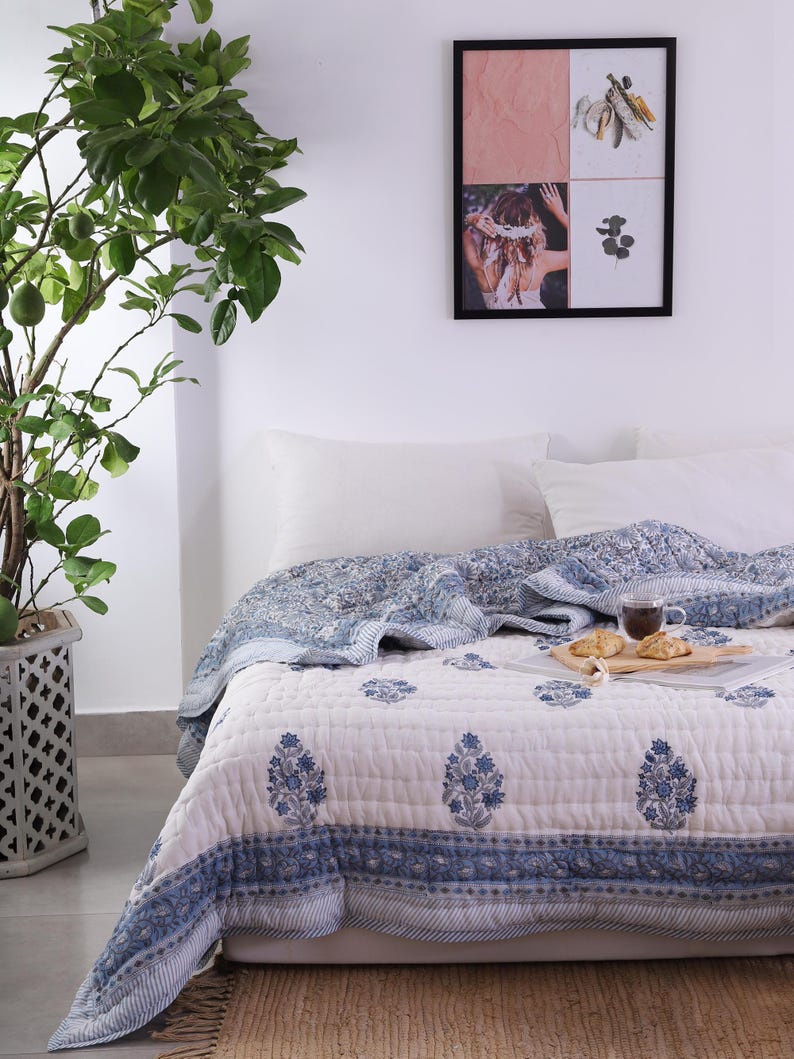 Blue White Indian Jaipuri Hand Block Print Reversible Cotton Quilts for Bed