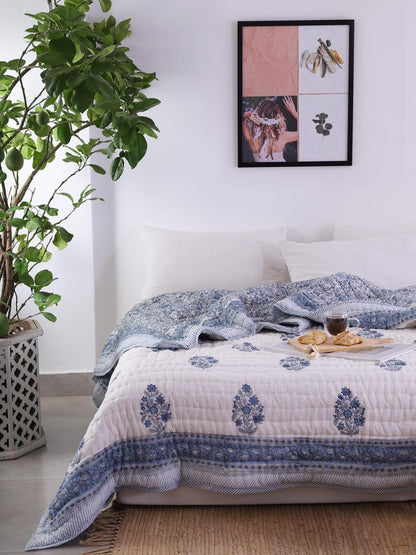 Blue White Indian Jaipuri Hand Block Print Reversible Cotton Quilts for Bed