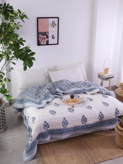 Blue White Indian Jaipuri Hand Block Print Reversible Cotton Quilts for Bed