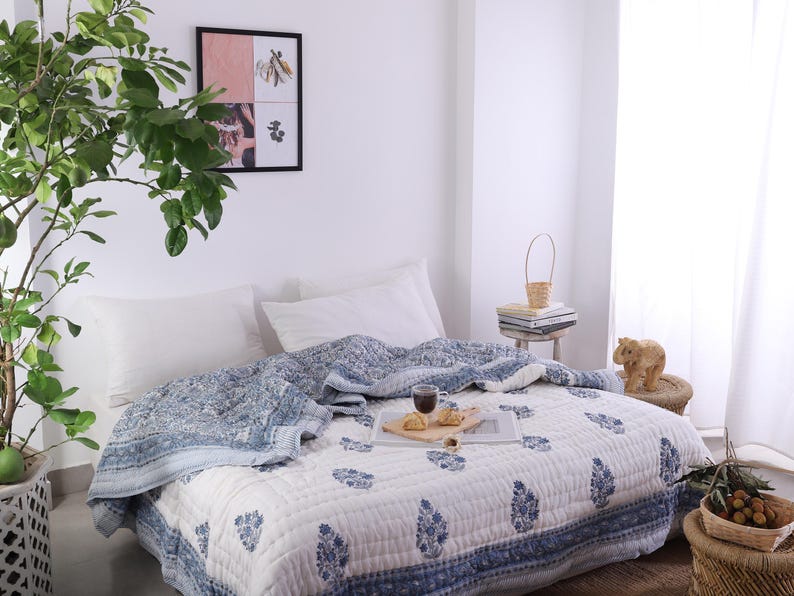 Blue White Indian Jaipuri Hand Block Print Reversible Cotton Quilts for Bed