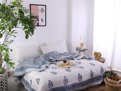 Blue White Indian Jaipuri Hand Block Print Reversible Cotton Quilts for Bed