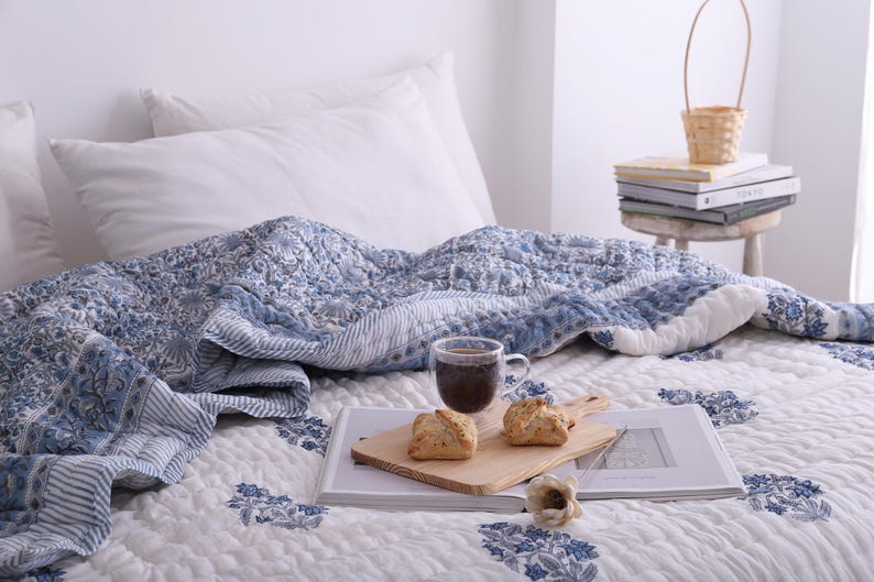 Blue White Indian Jaipuri Hand Block Print Reversible Cotton Quilts for Bed
