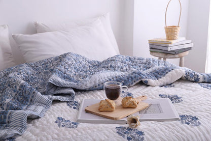 Blue White Indian Jaipuri Hand Block Print Reversible Cotton Quilts for Bed