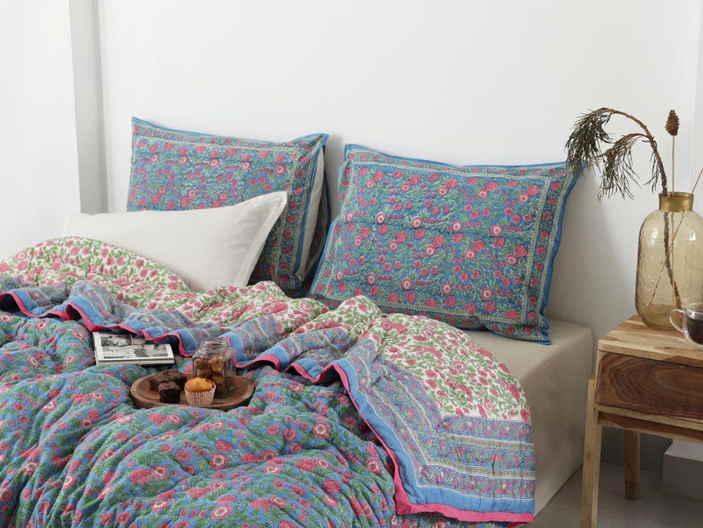 Blue Pink Hand Block Printed Reversible Mughal Mulmul Cotton Quilt For Bed