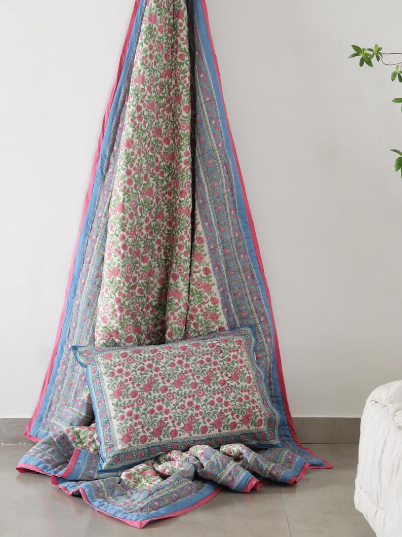 Blue Pink Hand Block Printed Reversible Mughal Mulmul Cotton Quilt For Bed