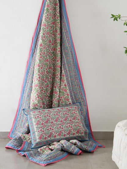 Blue Pink Hand Block Printed Reversible Mughal Mulmul Cotton Quilt For Bed