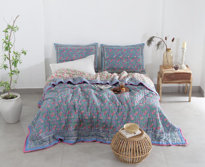 Blue Pink Hand Block Printed Reversible Mughal Mulmul Cotton Quilt For Bed