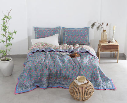 Blue Pink Hand Block Printed Reversible Mughal Mulmul Cotton Quilt For Bed