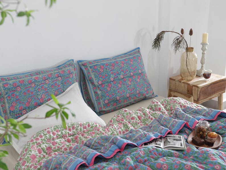 Blue Pink Hand Block Printed Reversible Mughal Mulmul Cotton Quilt For Bed