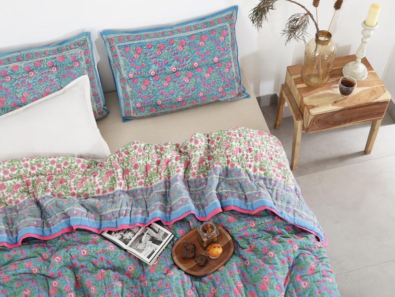 Blue Pink Hand Block Printed Reversible Mughal Mulmul Cotton Quilt For Bed