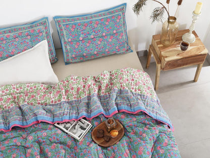 Blue Pink Hand Block Printed Reversible Mughal Mulmul Cotton Quilt For Bed