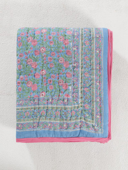 Blue Pink Hand Block Printed Reversible Mughal Mulmul Cotton Quilt For Bed
