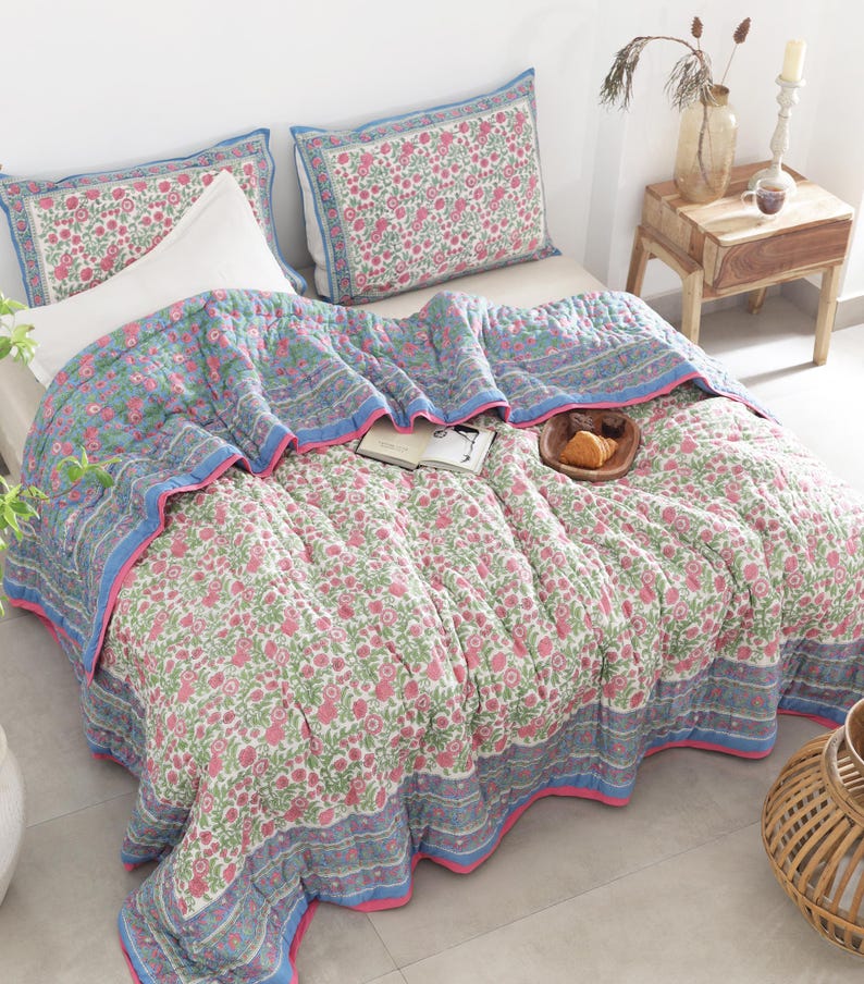 Blue Pink Hand Block Printed Reversible Mughal Mulmul Cotton Quilt For Bed
