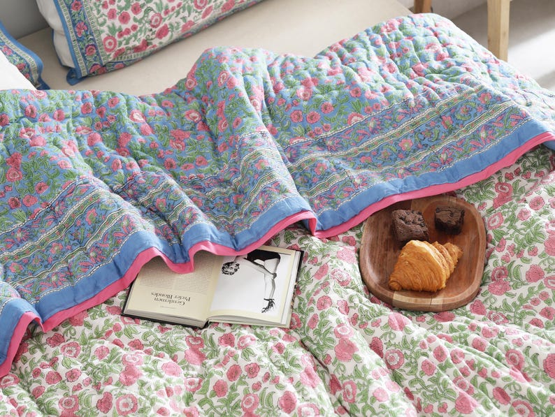 Blue Pink Hand Block Printed Reversible Mughal Mulmul Cotton Quilt For Bed
